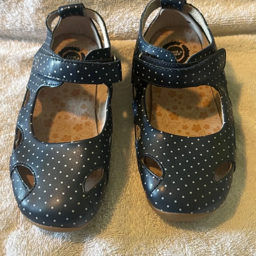 Livie & Luca Navy Blue Polka Dot Leather Mary Jane Shoes Size 1 Toddler